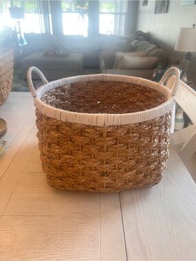 Woven Seagrass Storage Basket with White Trim & Handles